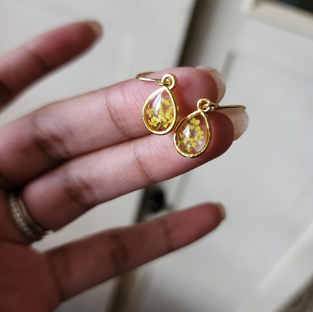Handmade dainty yellow pressed flower earrings
